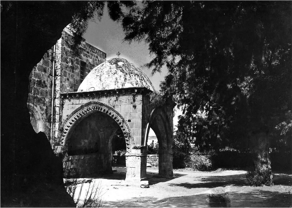 Black and white photograph of the domed baptistery seen from the shade of a rock, trees on the right