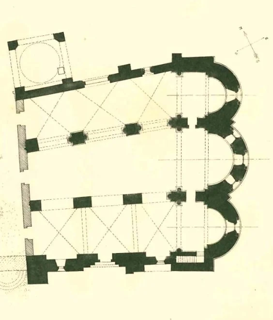 Plan of the church of Saint John Mark: three aisles ending in three apses, with the square baptistery beside the north aisle