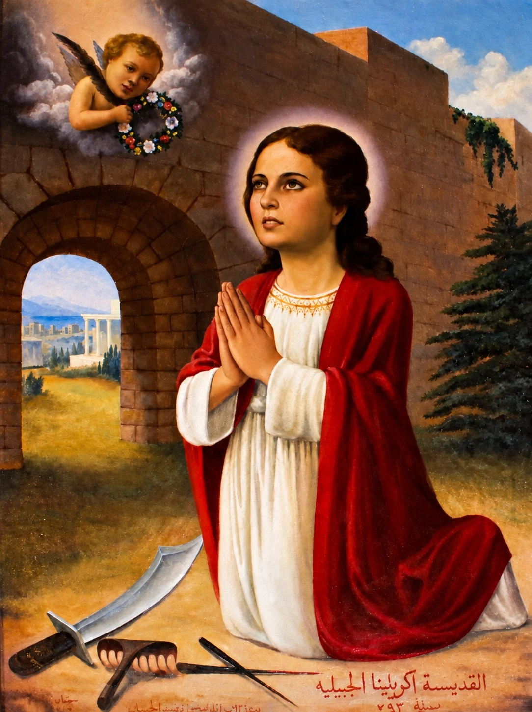 Painting of Saint Aquilina kneeling in prayer in a red cloak, a sword at her knees and an angel bringing a crown of flowers