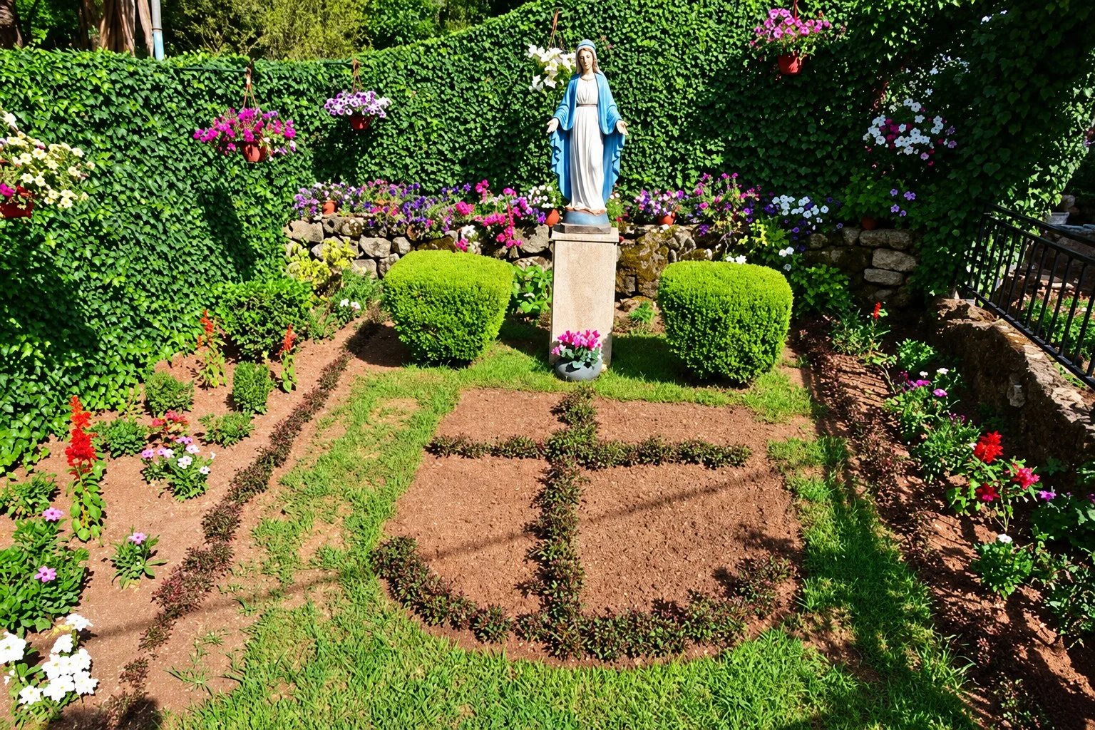 A statue of the Virgin in the garden, above a cross drawn in the earth with clipped box and flowers